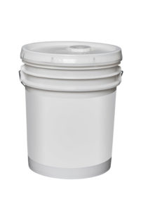 white plastic 5 gallon bucket with blank label,isolated on white with clipping path