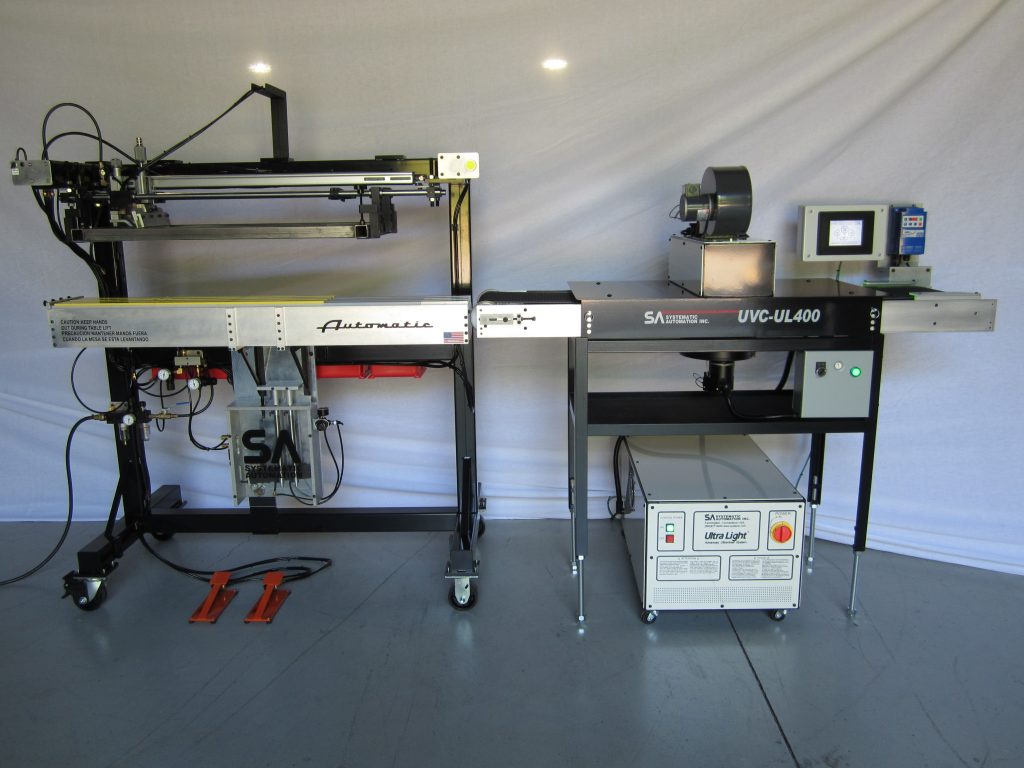 Ruler printer with automatic take off into UV conveyor.